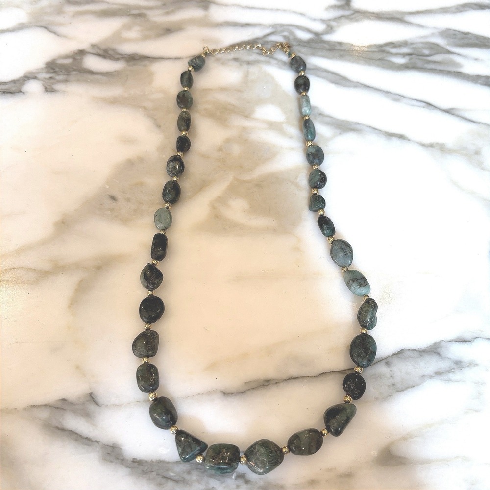 Stauer Raw Emerald Nugget Bead Green Stone Gold Tone Necklace